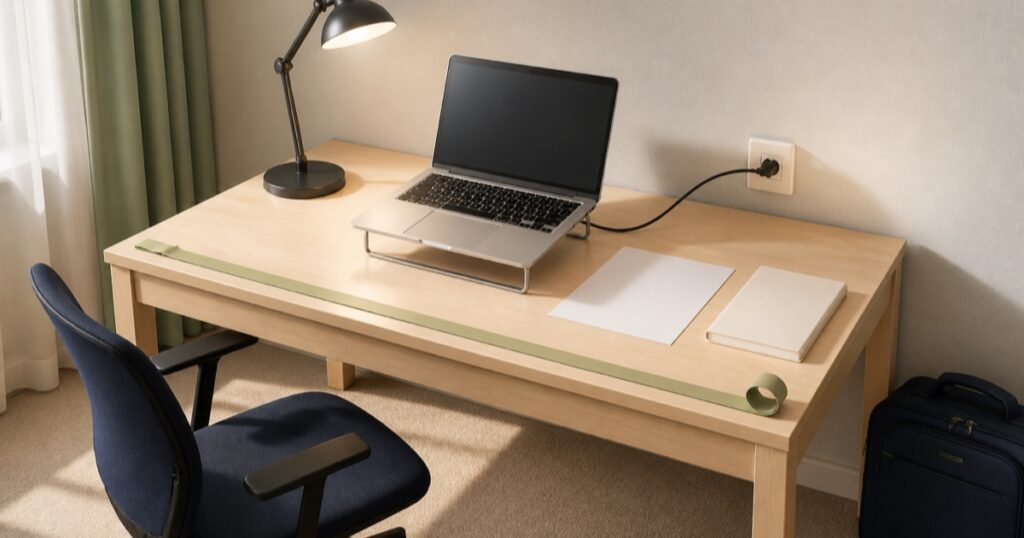 スタンドに載せたノートパソコンと白紙資料、照明、電源ケーブルを配置した机と椅子
